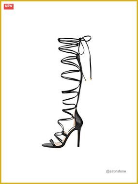 Gladiator Knee High Heeled Sandals Lace Up Strappy Stiletto Open Toe Synthetic